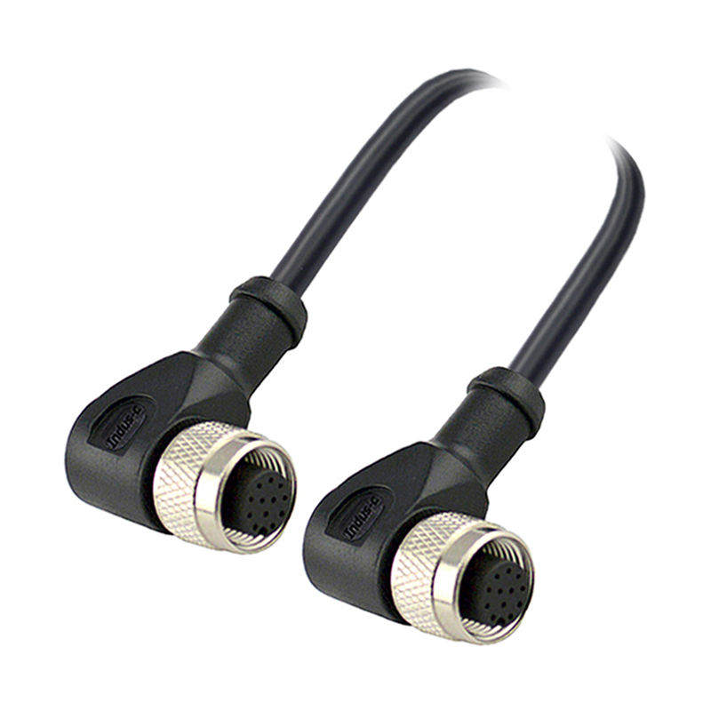 M12 12pins A code female right angle to female right angle molded cable,shielded,PVC,-40°C~+105°C,26AWG 0.14mm²,brass with nickel plated screw